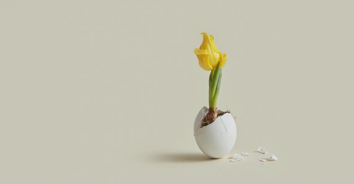 A tulip breaking out of an egg